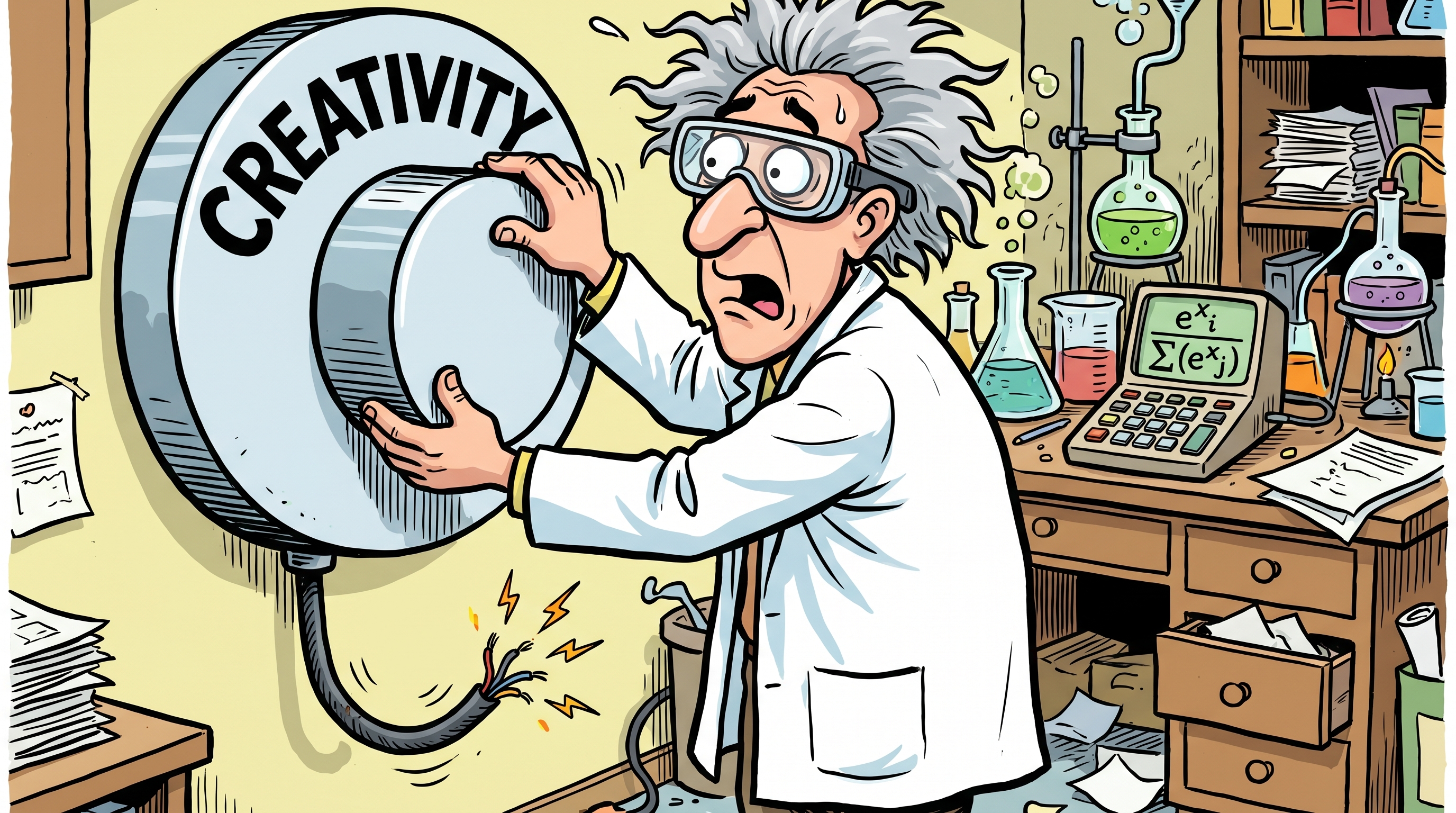 Bewildered cartoon scientist in a lab coat turning a giant wall-mounted dial labeled CREATIVITY with a frayed unplugged cable dangling loose