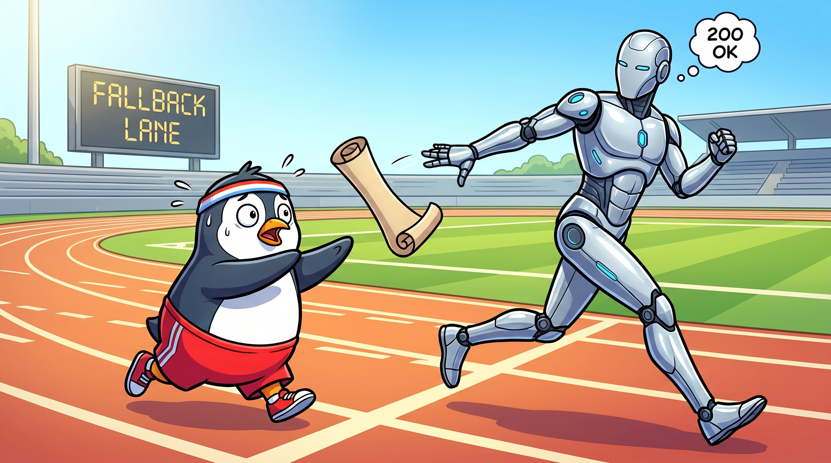 Cartoon penguin in running shorts fumbling a scroll baton handoff from a silver robot on a relay race track