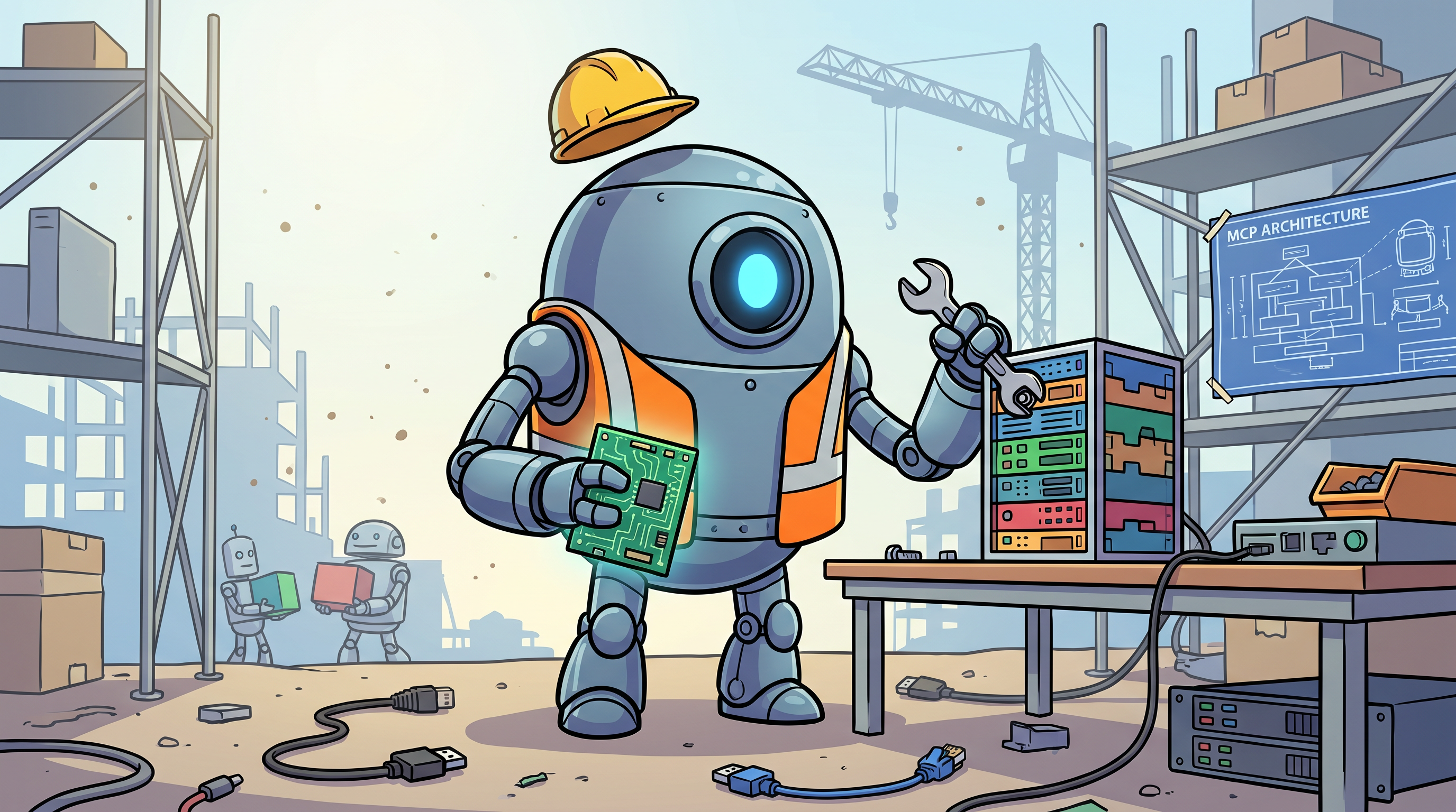 Cartoon robot wearing a hard hat, assembling a glowing server rack from colorful blocks on a construction site