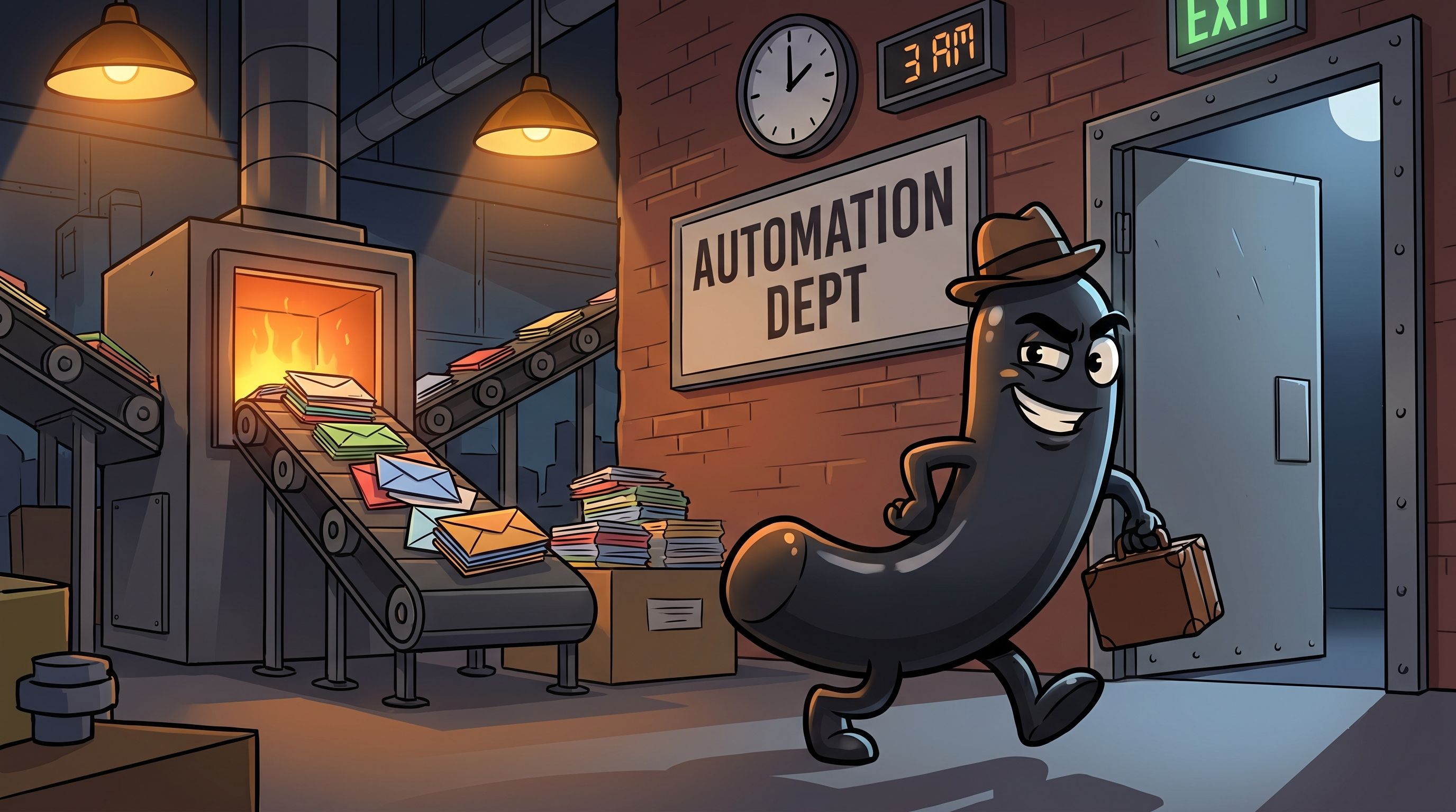 Anthropomorphized underscore character in a fedora tiptoeing out of an automated factory while envelopes slide into a furnace