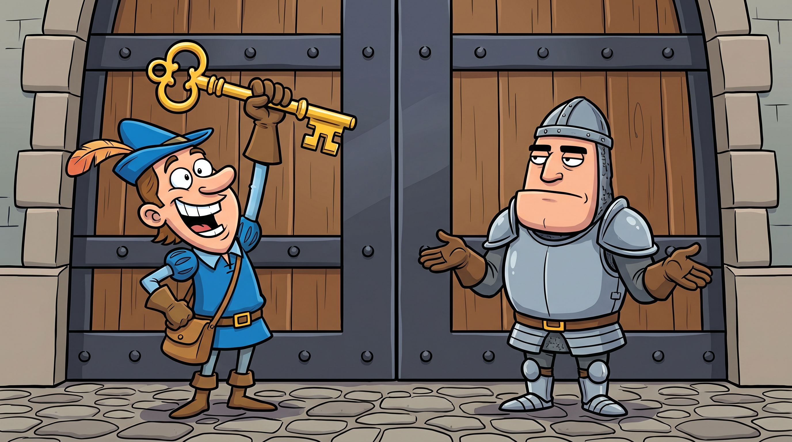 Cheerful cartoon courier holding up a giant golden key beside a shrugging armored gatekeeper at a keyless castle door