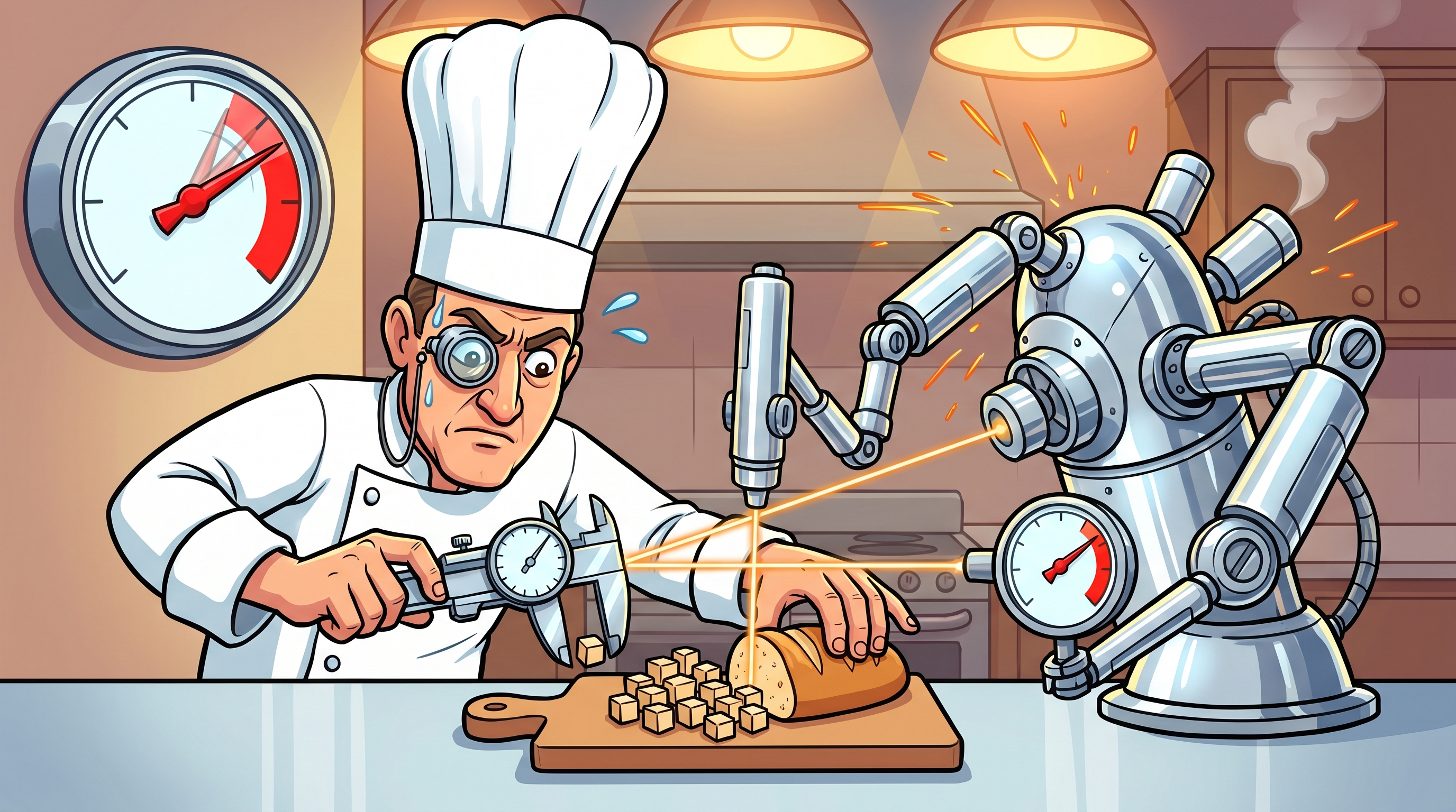 Cartoon chef obsessively using calipers and a giant laser robot arm to slice one small loaf of bread into tiny cubes
