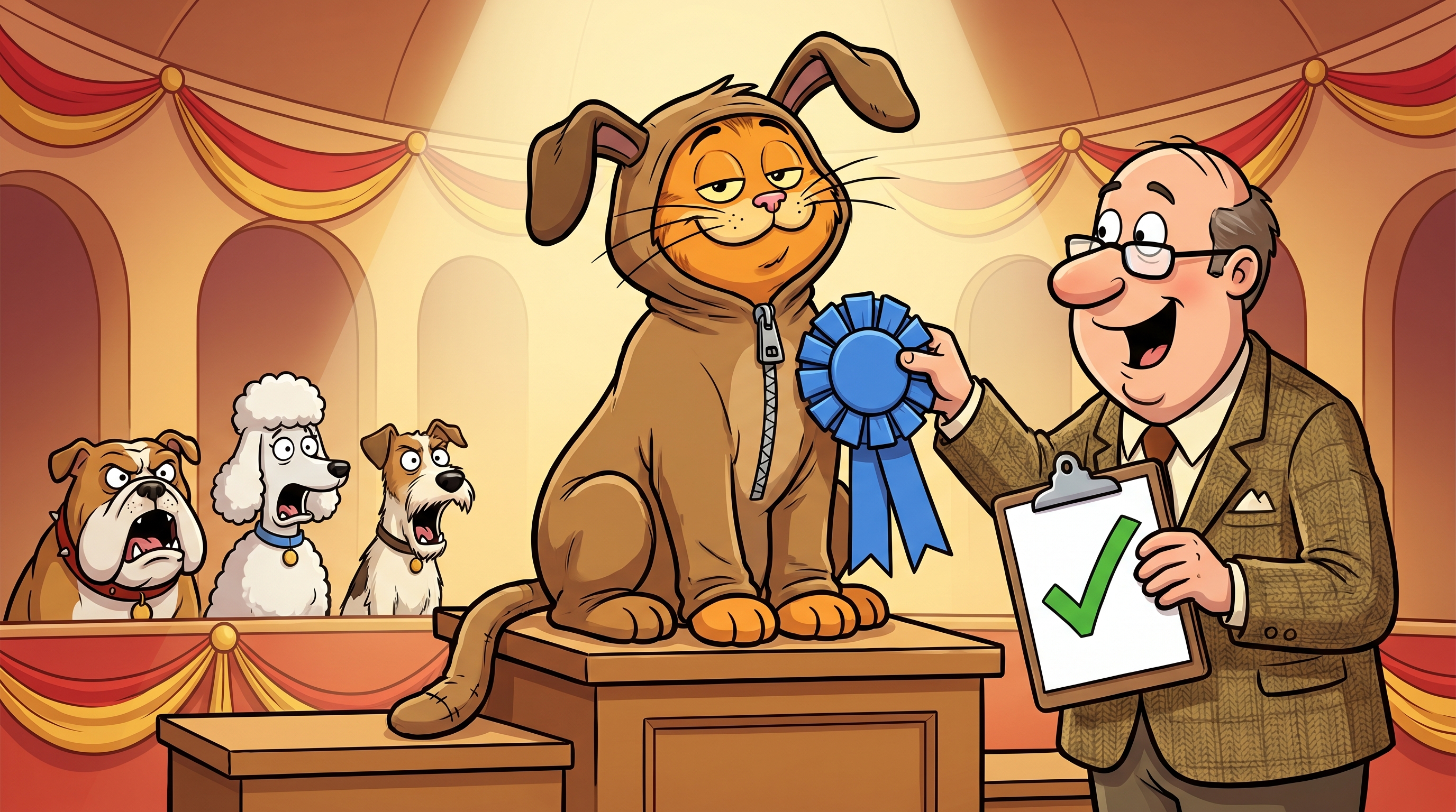 Smug cartoon cat in a floppy dog costume accepting a blue ribbon from a delighted dog show judge