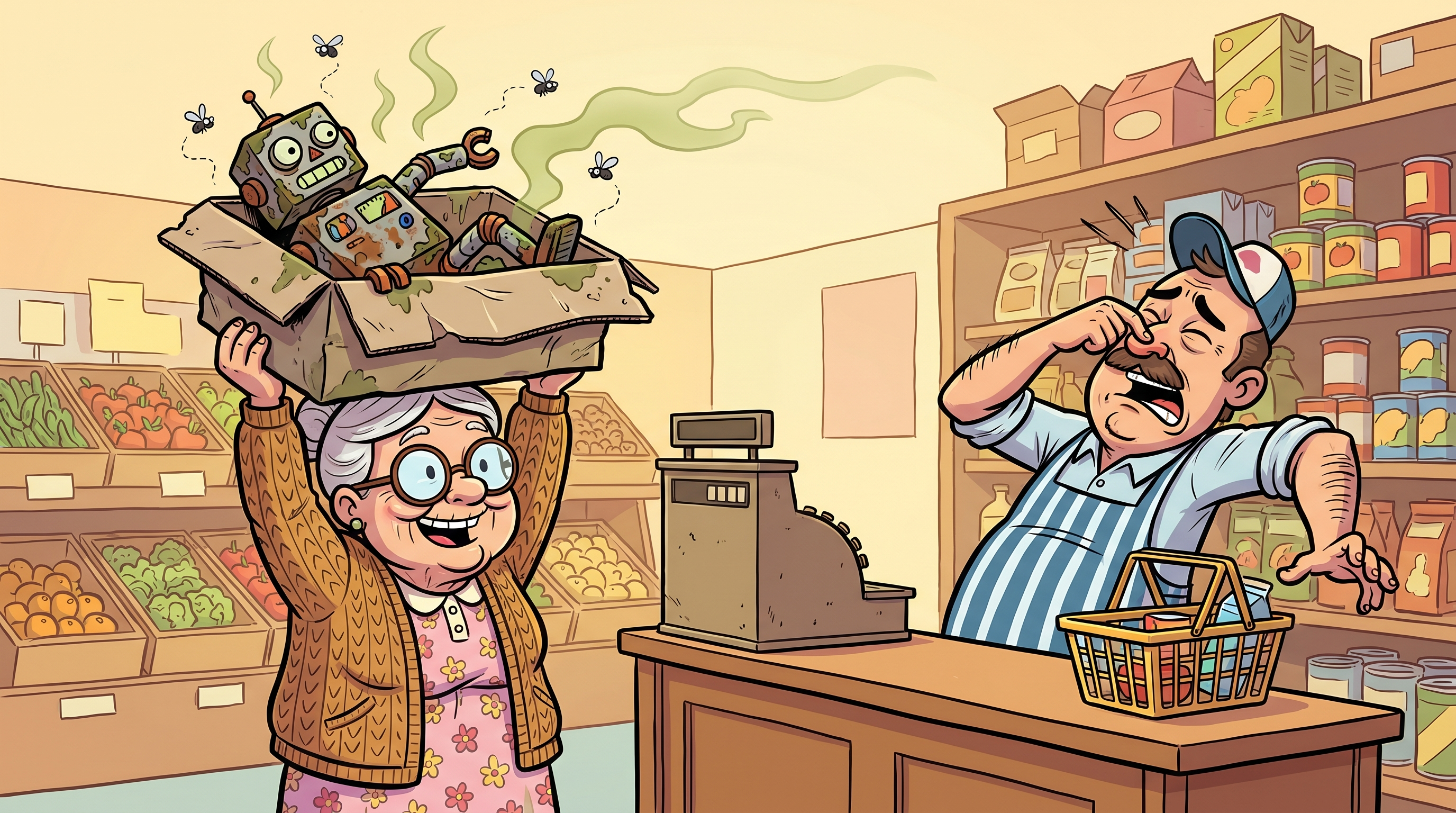 Cheerful cartoon grandma triumphantly holding up a rusty mold-covered toy robot in a box while the grocer winces and holds his nose
