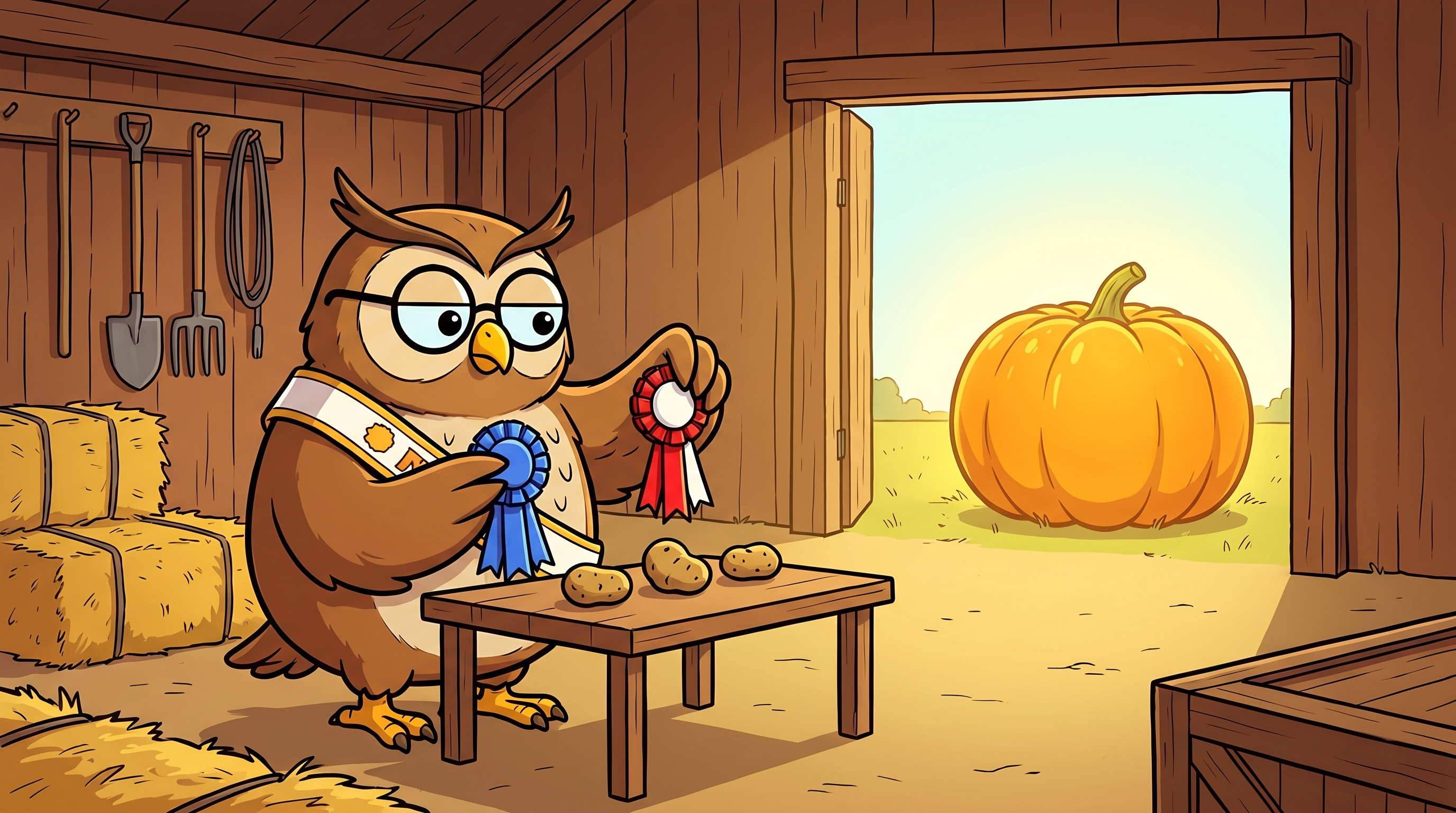 Cartoon owl in a judge's sash holding prize ribbons over three tiny potatoes while a giant pumpkin sits ignored outside