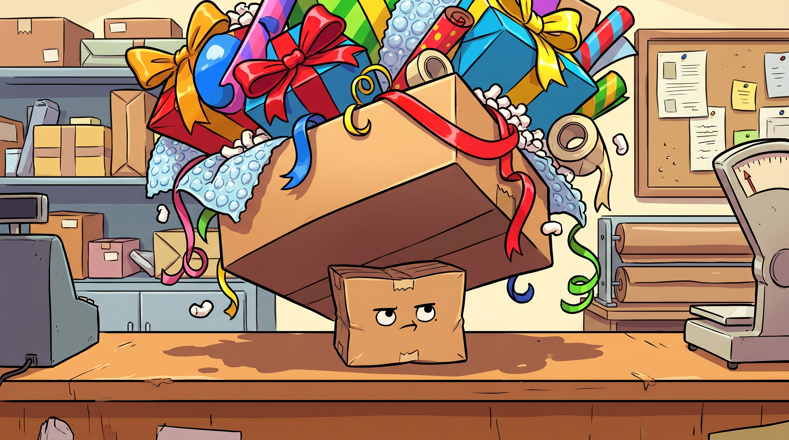 A tiny deadpan cardboard box buried under a towering mountain of ribbons, bubble wrap and packing peanuts at a post office counter