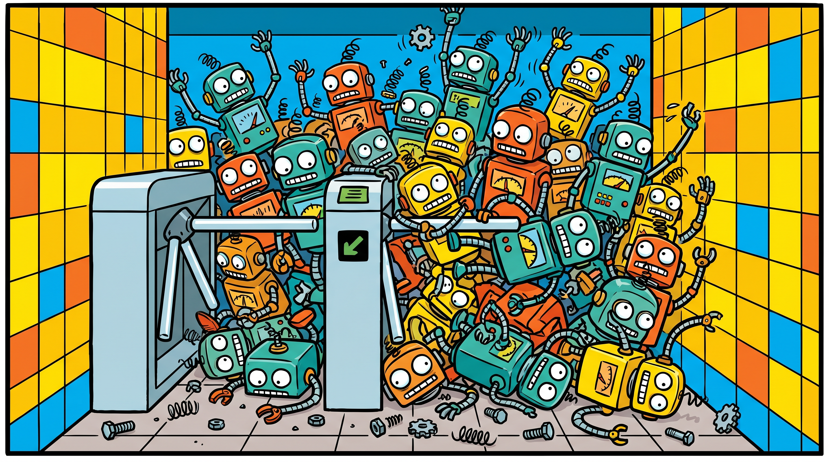 A chaotic pile-up of identical cartoon wind-up robots all jamming a single subway turnstile at once