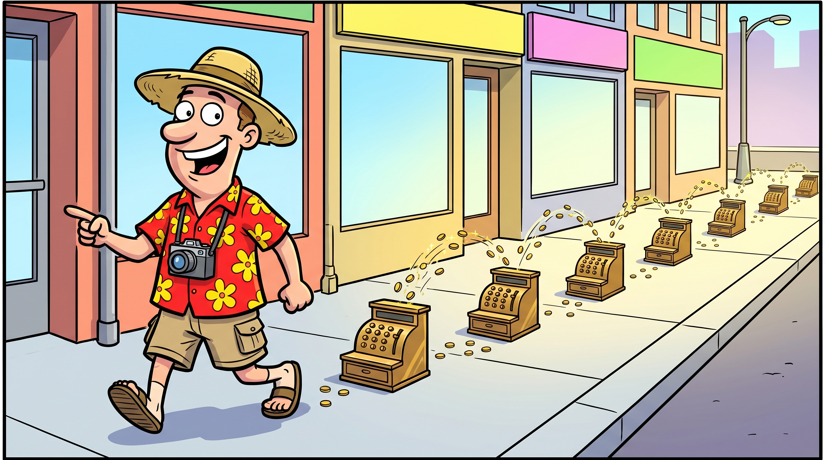 Cheerful cartoon tourist strolling past a trail of cash registers popping up from his footsteps and spraying coins