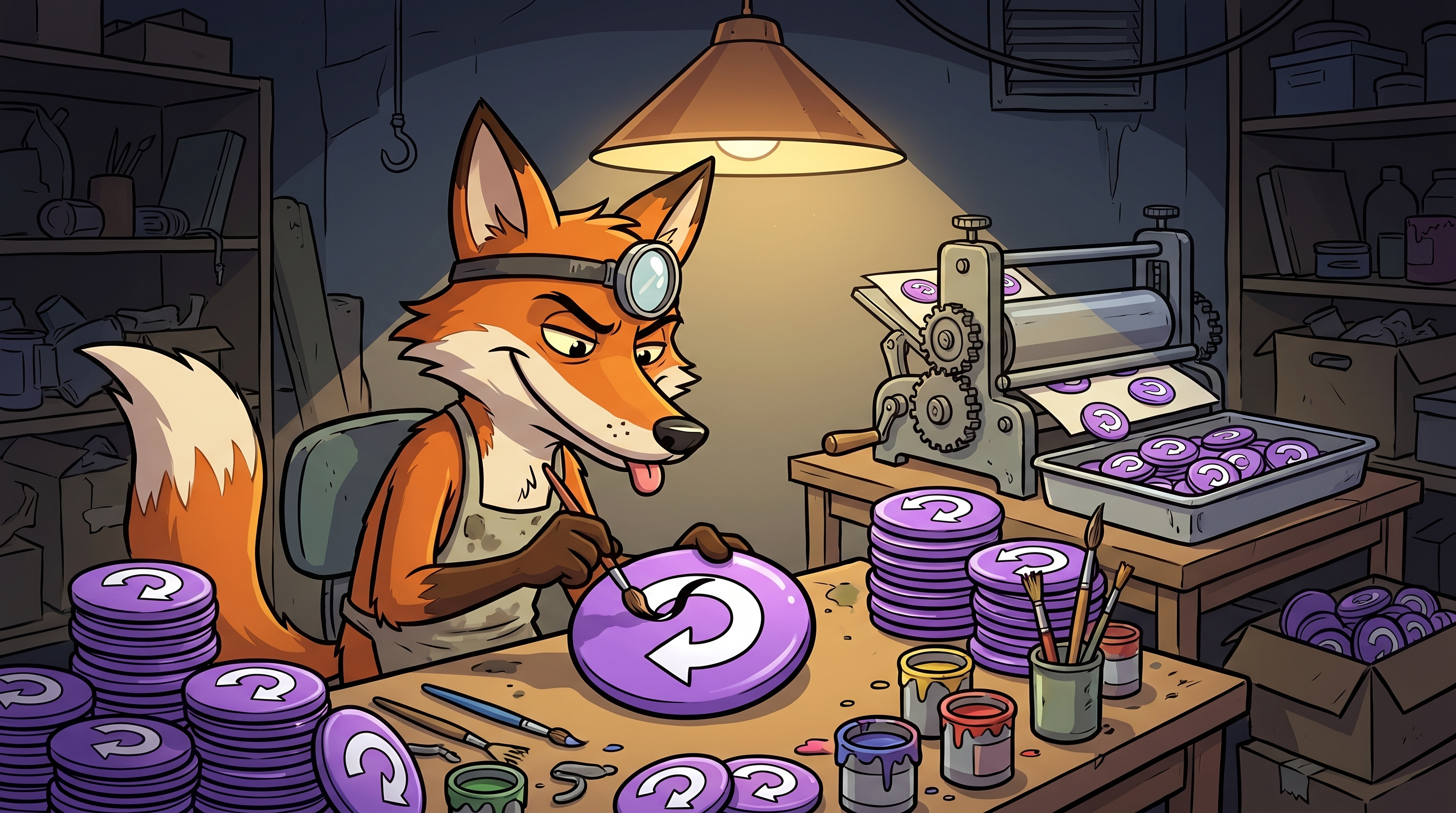 A sly cartoon fox in a dim backroom hand-painting curved-arrow symbols onto stacks of oversized counterfeit undo buttons