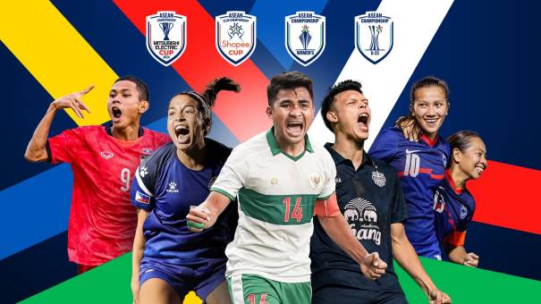 Overview of the 4 brands under ASEAN United FC: Mitsubishi Electric Cup, Shoppee Cup, Women's Championship, and U-23 Championship.