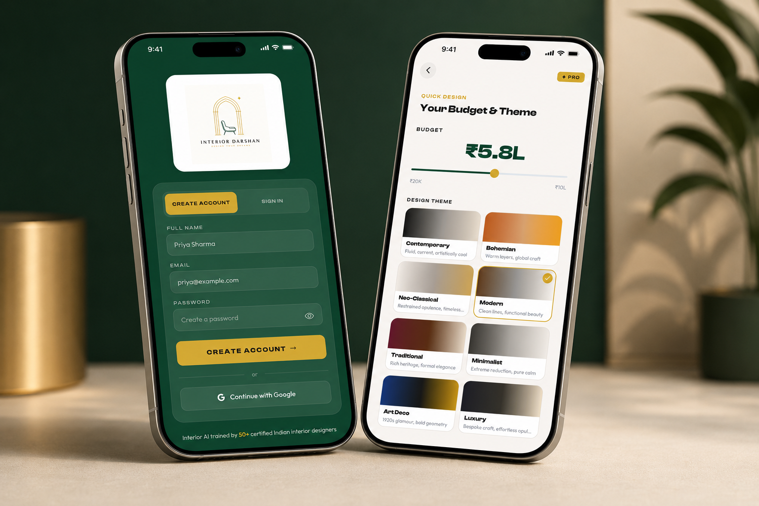 Interior Darshan app on two phones, showing a room photo and its AI redesign side by side