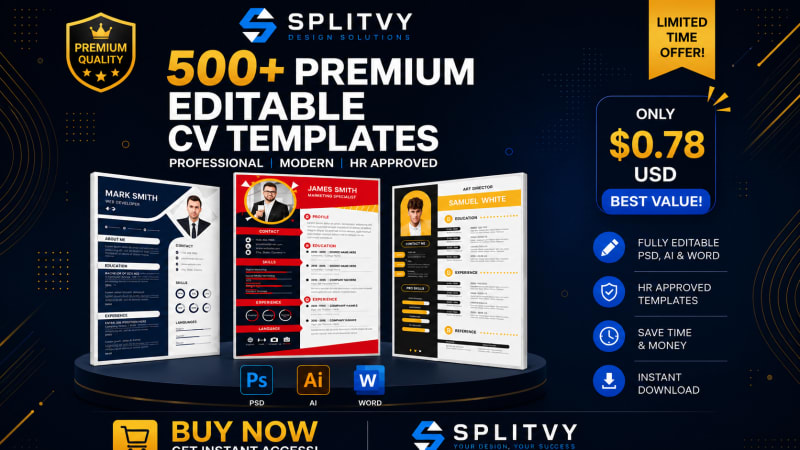 Editable Modern 500+  CV Templates for Only $0.78