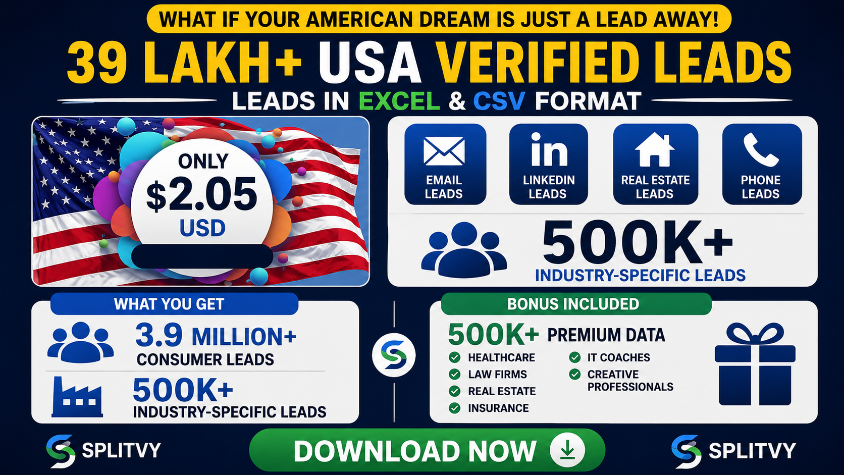 Verified Leads 3.9 Million+ Only $2.05! Ready data pack in Excel & CSV format