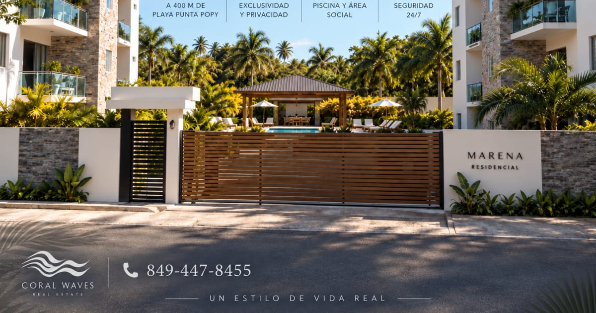 Vista principal de Residencial Marena, proyecto inmobiliario en venta en Playa Punta Popy, Las Terrenas
