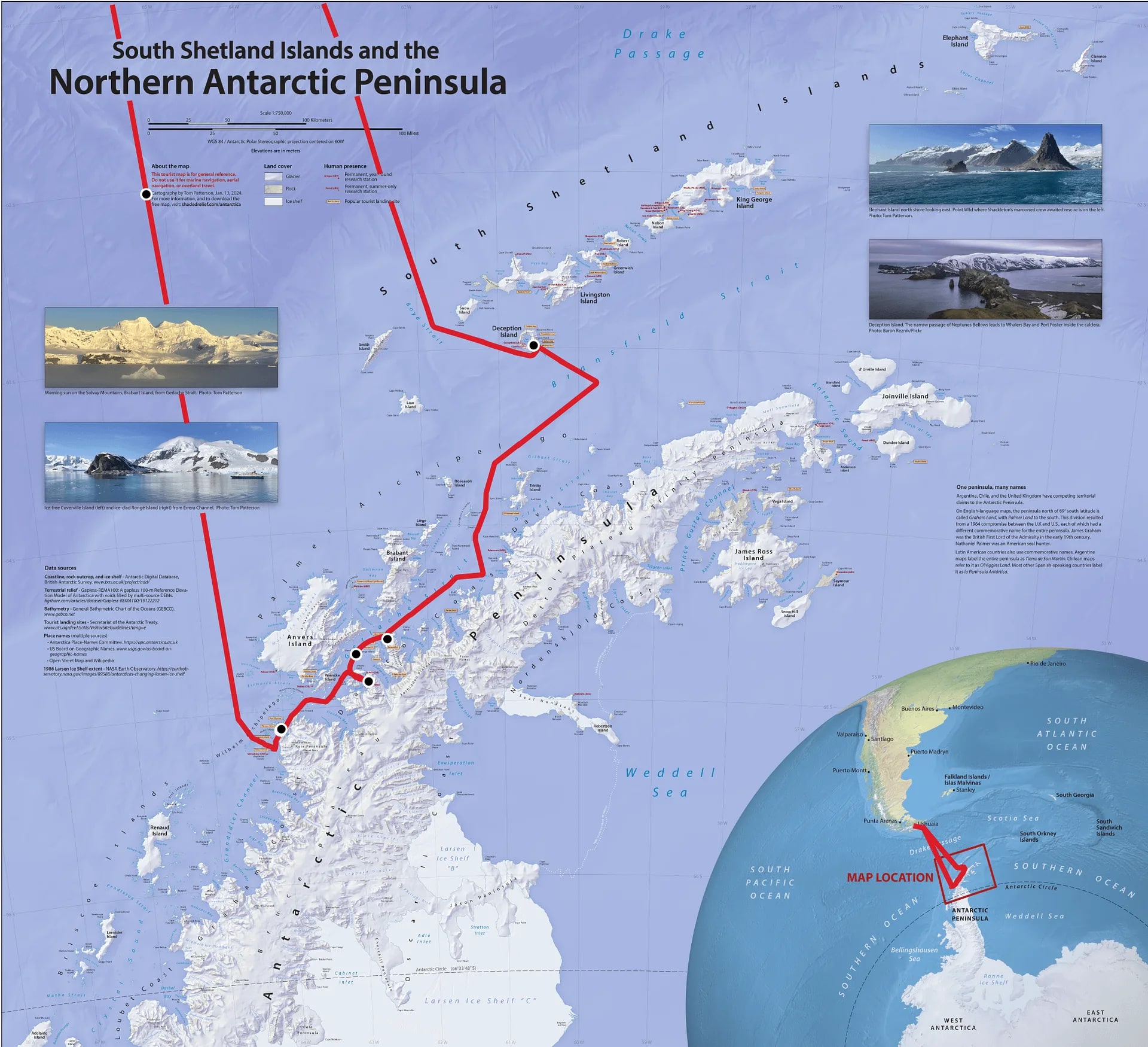 Zodiac boat cruising among Antarctic icebergs with passengers photographing wildlife