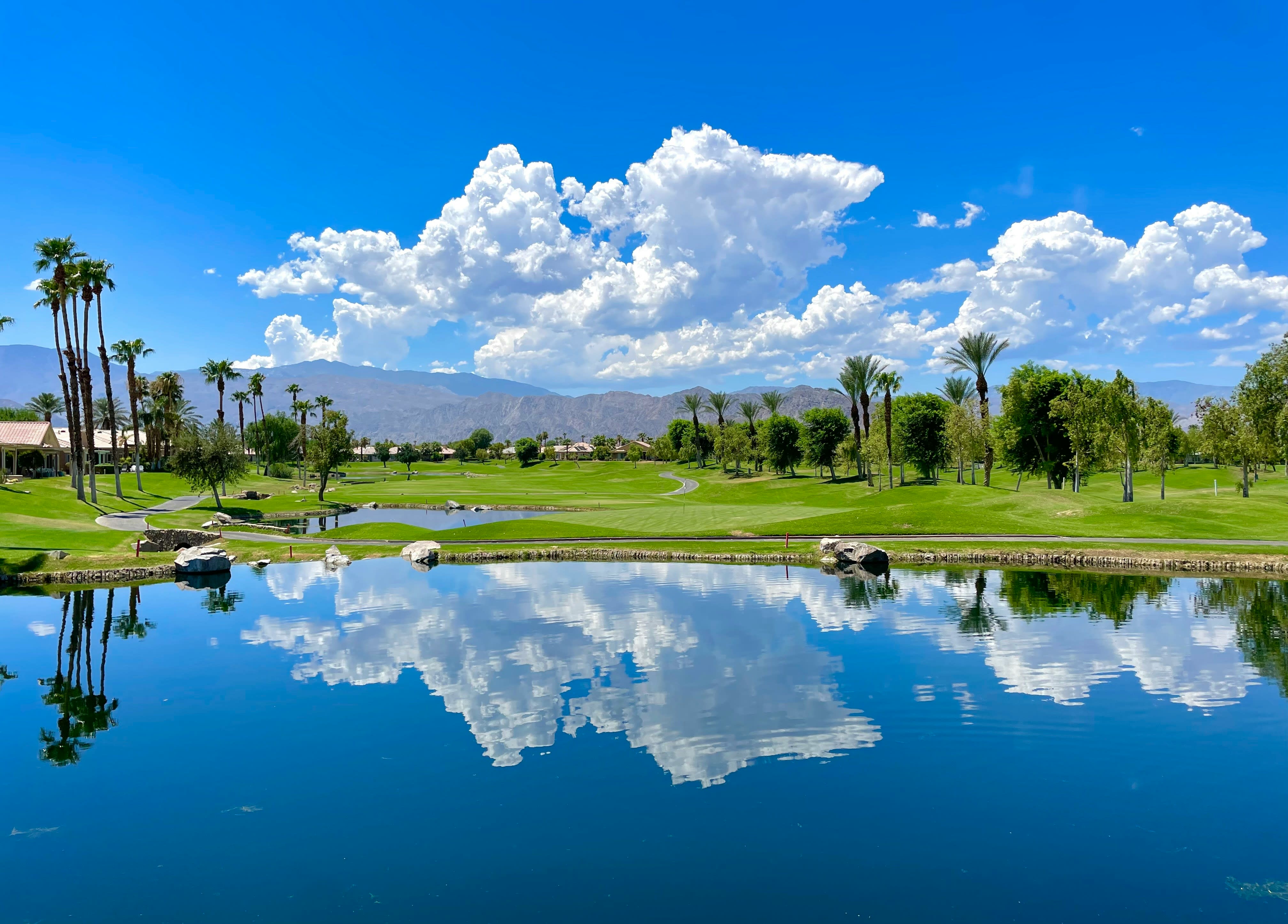 Desert golf course with palm trees reflecting in a calm lake