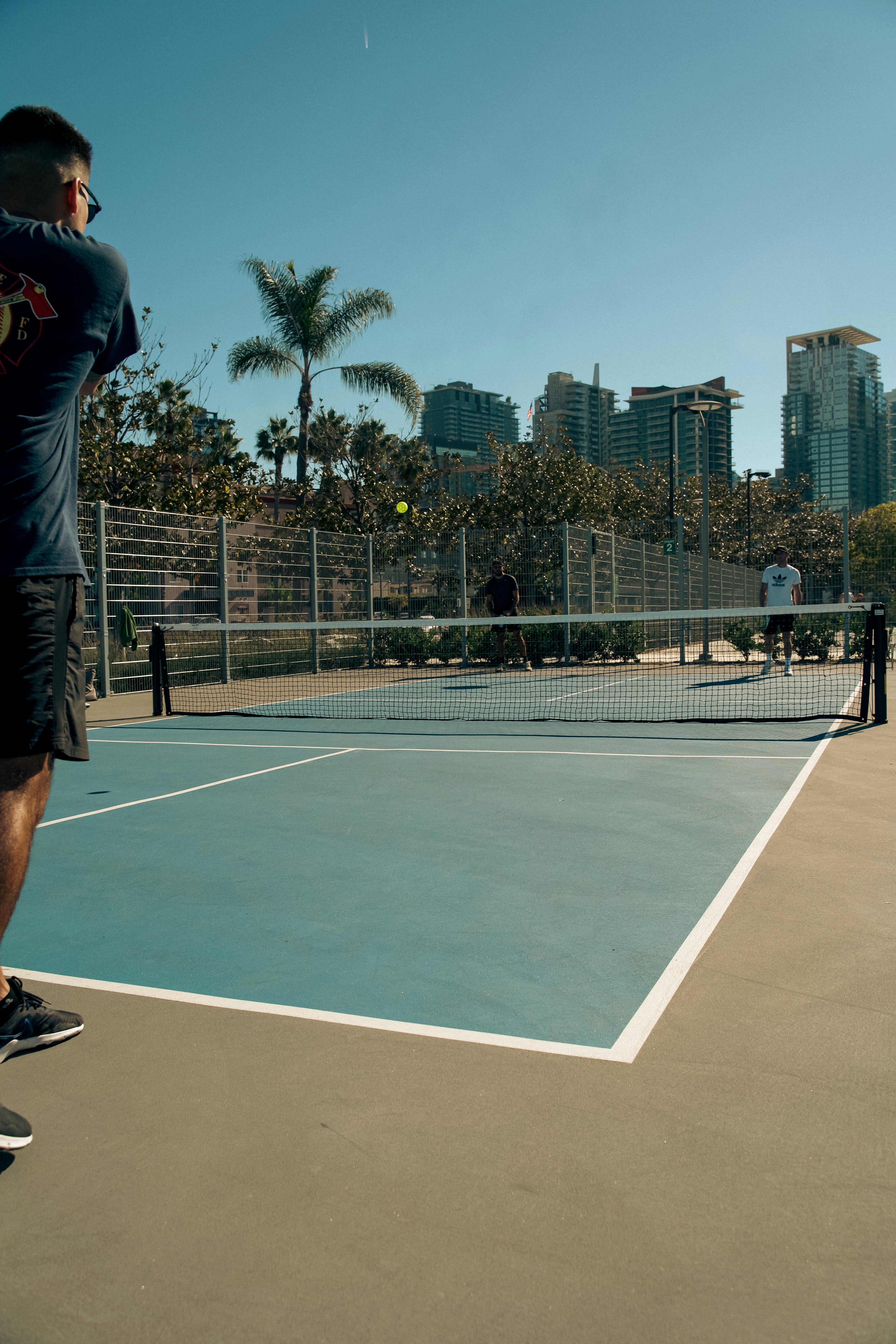 Pickleball court framed by palm trees with a coastal city skyline in the background