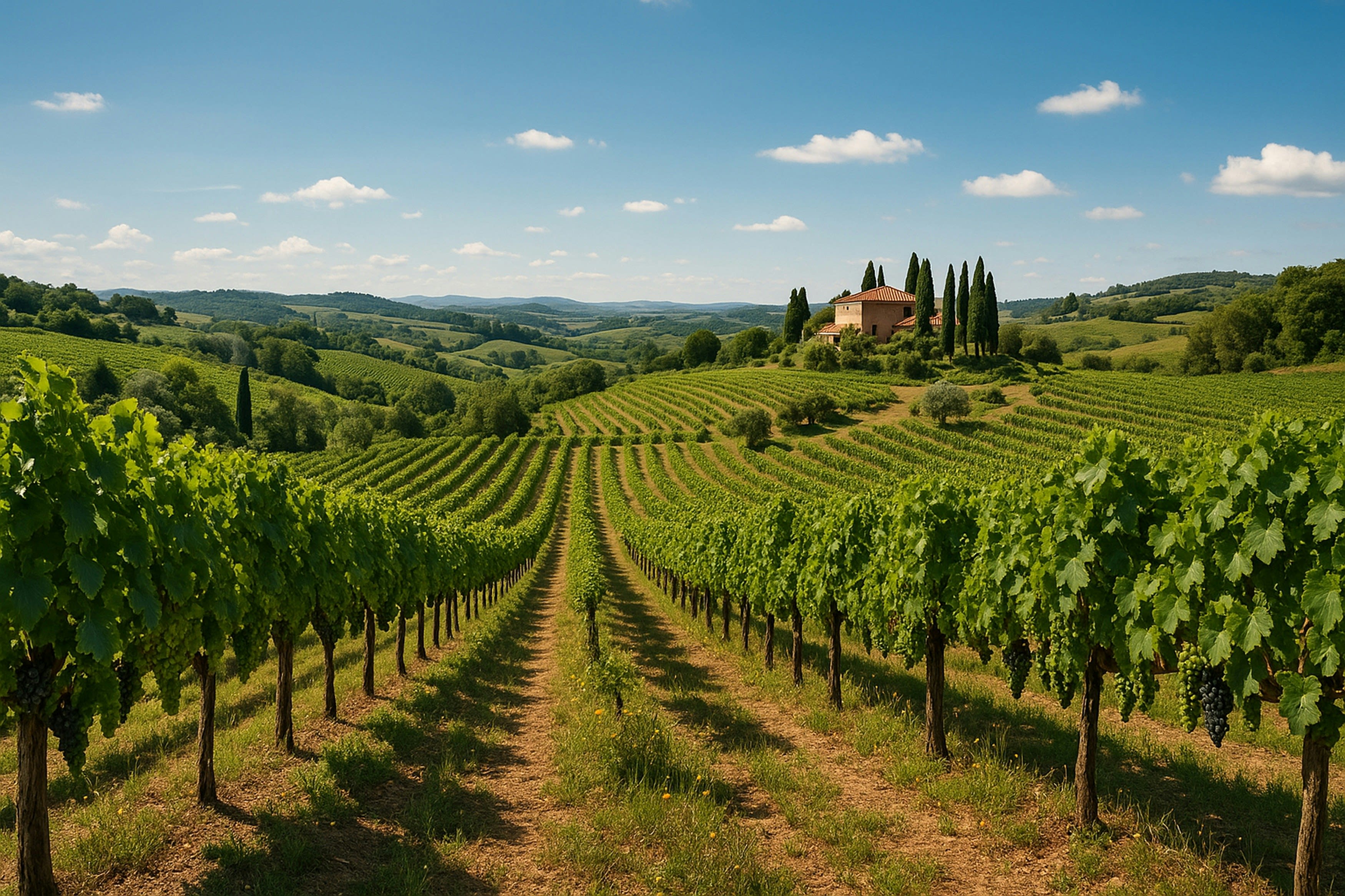 Rolling vineyard rows in Tuscany with a stone farmhouse