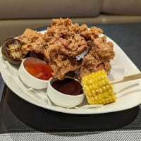 Southern Fried Chicken with corn on the cob, sweet and chilli sauce & BBQ sauce