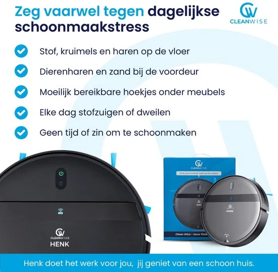 CleanWise Henk – Robotstofzuiger met dweilfunctie en laadstation – 4500 Pa zuigkracht, 5 schoonmaakmodi, app- en spraakbediening, ideaal voor huisdieren, harde vloeren & tapijt - afbeelding 3