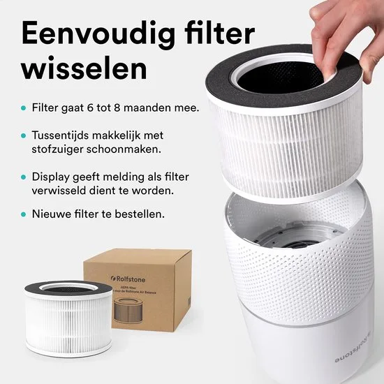 Rolfstone Air Balance - Luchtreiniger / Air Purifier met vervangbaar HEPA 13 filter + koolstoffilter - CADR: 160m3/h. - Werkt tegen huisstofmijt, hooikoorts, allergie, stof, - 3 standen + slaapstand en automatische stand - Luchtkwaliteit indicator - afbeelding 3