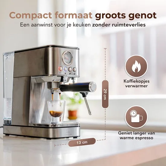 LunaSea's RVS Pistonmachine - Espressomachine - 20 Bar - 1.8L Waterreservoir - Kopjesverwarmer - Inclusief Ontkalkingstabletten - afbeelding 5