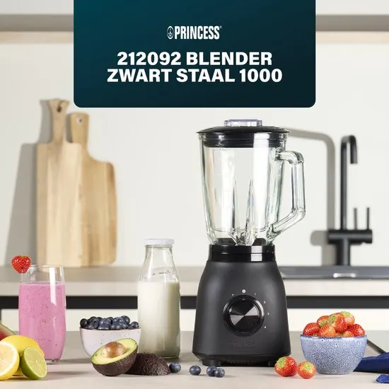 Princess 212092 Black Steel Blender 1000 - 4 Snelheden – Krachtig 1000W - 1.5 L - Glaskan - afbeelding 4