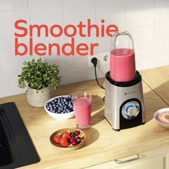 KitchenBrothers Smoothie Blender - 2-in-1 - Blender to Go - 4 Bekers - Smoothie Maker To Go - Mini Blender - Zilver - afbeelding 3