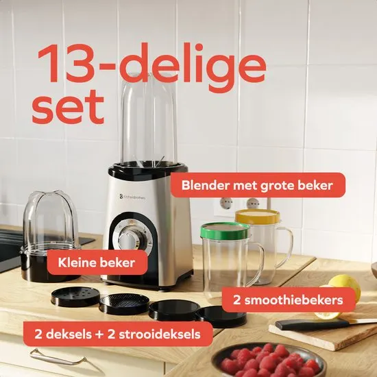KitchenBrothers Smoothie Blender - 2-in-1 - Blender to Go - 4 Bekers - Smoothie Maker To Go - Mini Blender - Zilver - afbeelding 4
