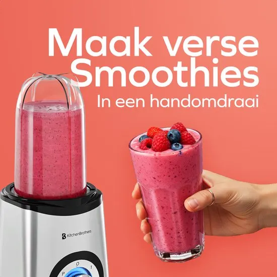 KitchenBrothers Smoothie Blender - 2-in-1 - Blender to Go - 4 Bekers - Smoothie Maker To Go - Mini Blender - Zilver - afbeelding 5
