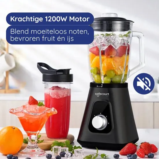 Safecourt Kitchen Blender - 1,5L Glas & 600ml To-Go beker - 1300W Smoothie maker - Krachtig, stil en eenvoudige reiniging - RVS - afbeelding 2