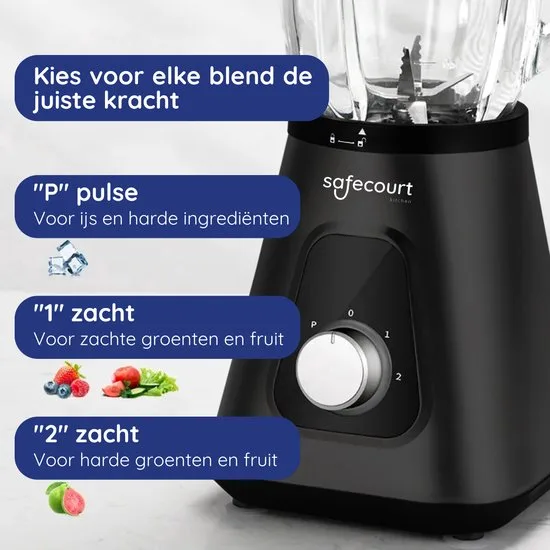 Safecourt Kitchen Blender - 1,5L Glas & 600ml To-Go beker - 1300W Smoothie maker - Krachtig, stil en eenvoudige reiniging - RVS - afbeelding 3