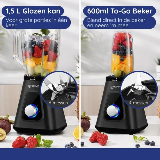 Safecourt Kitchen Blender - 1,5L Glas & 600ml To-Go beker - 1300W Smoothie maker - Krachtig, stil en eenvoudige reiniging - RVS - afbeelding 4