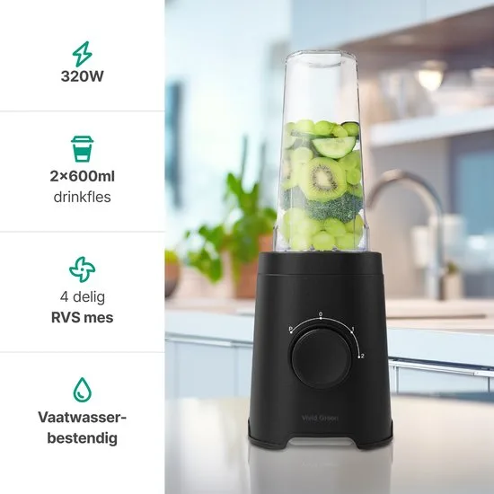 Smoothie Blender to go met 2x Beker 600ML – Maker - Zwart – Vivid Green - afbeelding 3