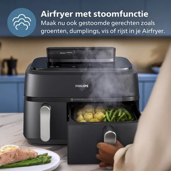 Philips 5000 Series Dual Basket Airfryer - NA551/00 - Stoomfunctie - Dubbele Mand - 9L - Tot 6 Personen - afbeelding 3