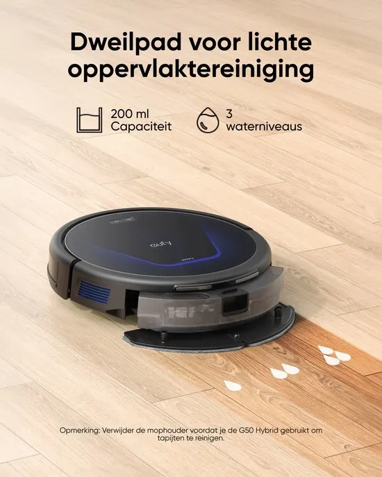 eufy Clean G50 Hybrid Robotstofzuiger met dweilfunctie - Robot Vacuum - 4.000 Pa Zuigkracht, Dynamische Navigatie, Pro-ontwarrende Kam, Rolborstel, Dweilpad voor lichte reiniging, Ideaal voor huisdierhaar, Harde vloeren en tapijt - afbeelding 4