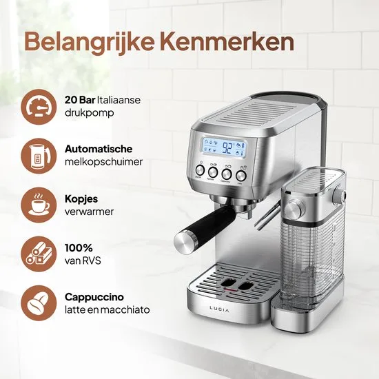 Lugia Pistonmachine 20 Bar - Koffiemachine met Automatische Melkopschuimer - Espressomachine - Led display - 20 bar - Ccappuccino, latte en macchiato - RVS Lugia - afbeelding 4