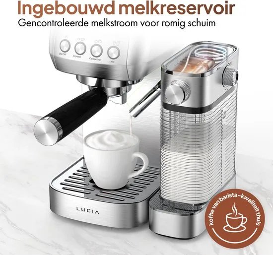 Lugia Pistonmachine 20 Bar - Koffiemachine met Automatische Melkopschuimer - Espressomachine - Led display - 20 bar - Ccappuccino, latte en macchiato - RVS Lugia - afbeelding 5