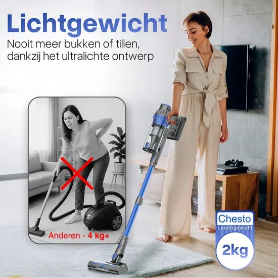 Chesto T1 Steelstofzuiger Draadloos 400W – 35.000 Pa – Ultralicht – LED-zuigmond – 3 Opzetstukken - afbeelding 3
