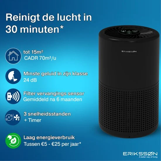 Erikssøn Luchtreiniger Prime - 70 m3/u - Werkt tegen huisstofmijt, hooikoorts, allergie, stof - Met HEPA 13 Filter + Koolstoffilter - Air Purifier - Clean Air - afbeelding 2