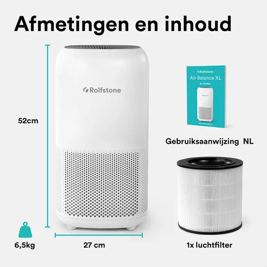 Rolfstone Air Balance XL - Luchtreiniger / Air Purifier met vervangbaar HEPA 13 filter + koolstoffilter - CADR: 400m3/h. - Werkt tegen huisstofmijt, hooikoorts, allergie, stof, - 50m2 - Slaapstand en automatische stand - Luchtkwaliteit indicator - afbeelding 3