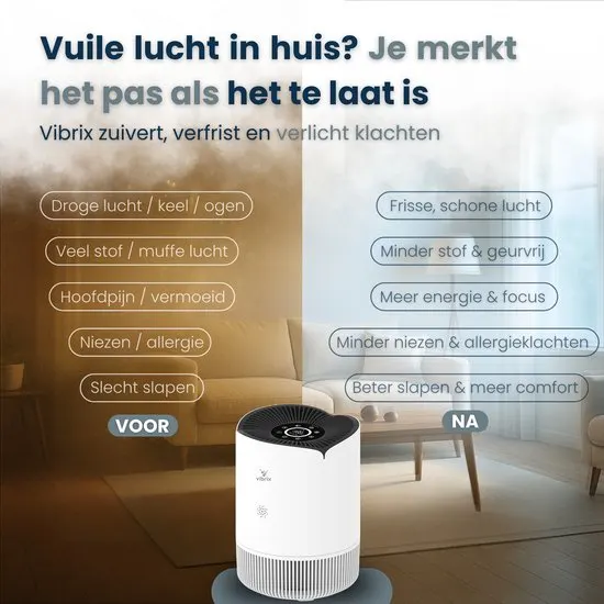 Vibrix PureFlow30 Luchtreiniger / Air Purifier – HEPA H13 + koolstoffilter inbegrepen – 180 m³/u, voor kamers tot ca. 30 m² – Ionisator – App-bediening – Zeer stil & slaapstand – Luchtkwaliteitindicator – Helpt bij stof, pollen & huisstofmijt - afbeelding 3