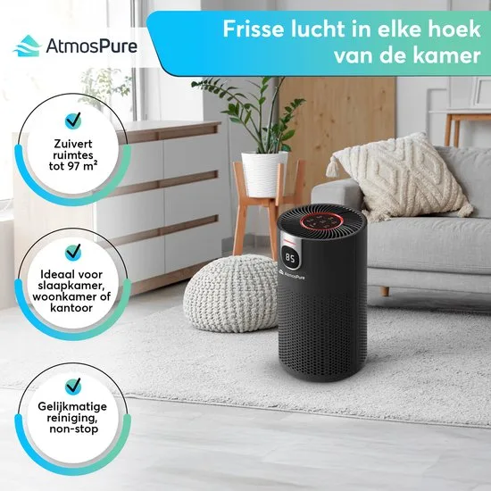 AtmosPure® CleanAir Luchtreiniger - Air Purifier met vervangbaar HEPA 13 + Koolstof filter - CADR 250 m³/h - Zwart - Voor 98 m² - Werkt tegen huisstofmijt, hooikoorts, allergie, -3 standen + stille slaapstand - Luchtkwaliteit Sensor - afbeelding 4