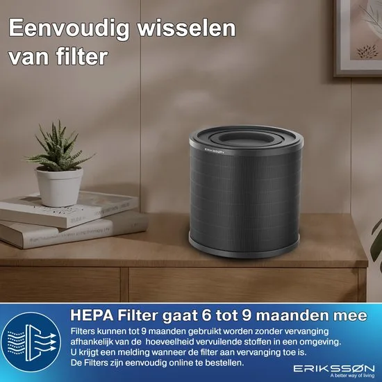 Erikssøn Luchtreiniger Elite - Zwart - 240 m3/u - Helpt tegen stof, hooikoorts en allergie - Hepa 14 Filter - Instelbare Ionisator - Air Purifier - Extra stil in slaapmode - Clean Air - afbeelding 4