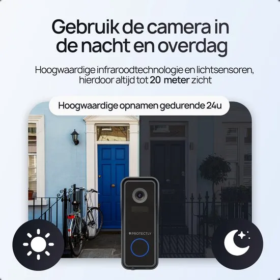 Protectly® Slimme Draadloze Video Deurbel Met Camera - 2K Ultra HD - Geen abonnement - Deurbellen Met Camera - Deurbel Draadloos WiFi - Waterdicht - Incl. Gong (T-ring geluid) - Incl. 64GB SD - afbeelding 3
