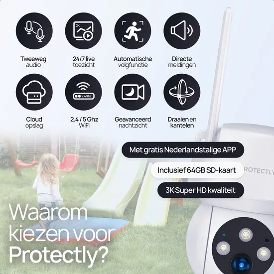 Protectly® Beveiligingscamera Buiten – 3K HD 5MP - Buiten Camera Met Nachtzicht – Buitencamera - Bewakingscamera voor Buiten- Met WiFi en APP - Incl. 64GB SD - Zwart - afbeelding 3
