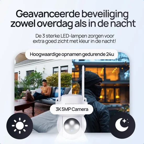 Protectly® Beveiligingscamera Buiten – 3K HD 5MP - Buiten Camera Met Nachtzicht – Buitencamera - Bewakingscamera voor Buiten- Met WiFi en APP - Incl. 64GB SD - Zwart - afbeelding 4