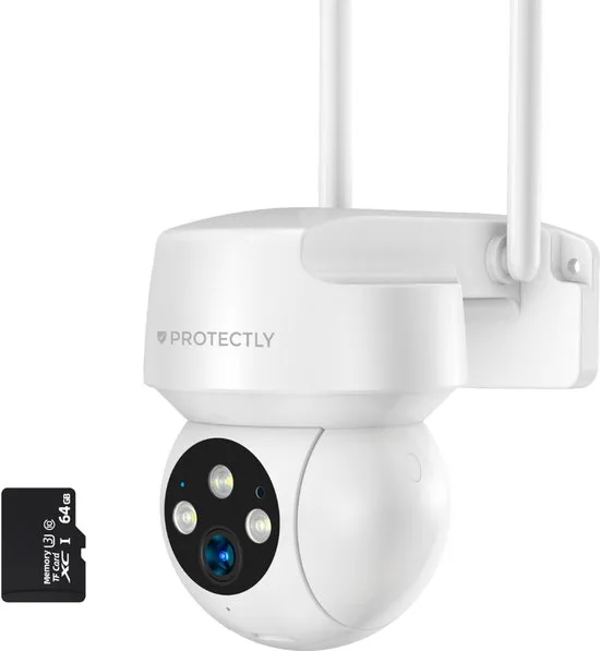 Protectly® Beveiligingscamera Buiten – 3K HD 5MP - Buiten Camera Met Nachtzicht – Buitencamera - Bewakingscamera voor Buiten- Met WiFi en APP - Incl. 64GB SD - Wit