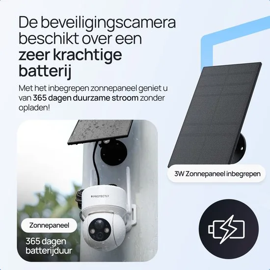 Protectly® Beveiligingscamera Draadloos Buiten – 3K Ultra HD - Camerabewaking - Bewakingscamera Voor Buiten - Buitencamera - Buiten Camera Met Nachtzicht - Oplaadbaar - Met WiFi en APP - Incl. 64GB SD - Incl. Zonnepaneel - Zwart - afbeelding 4