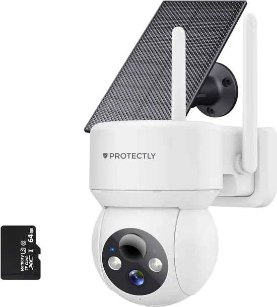 Protectly® Beveiligingscamera Draadloos Buiten – 3K Ultra HD - Camerabewaking - Bewakingscamera Voor Buiten - Buitencamera - Buiten Camera Met Nachtzicht - Oplaadbaar - Met WiFi en APP - Incl. 64GB SD - Incl. Zonnepaneel - Wit
